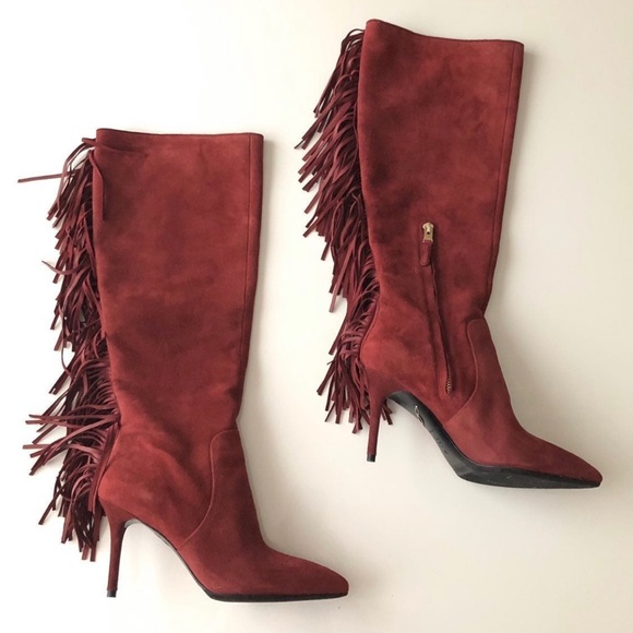 $750 Brian Atwood Suede Fringe Knee-High Heel Boots Wine Maroon 7.5 - Picture 5 of 9